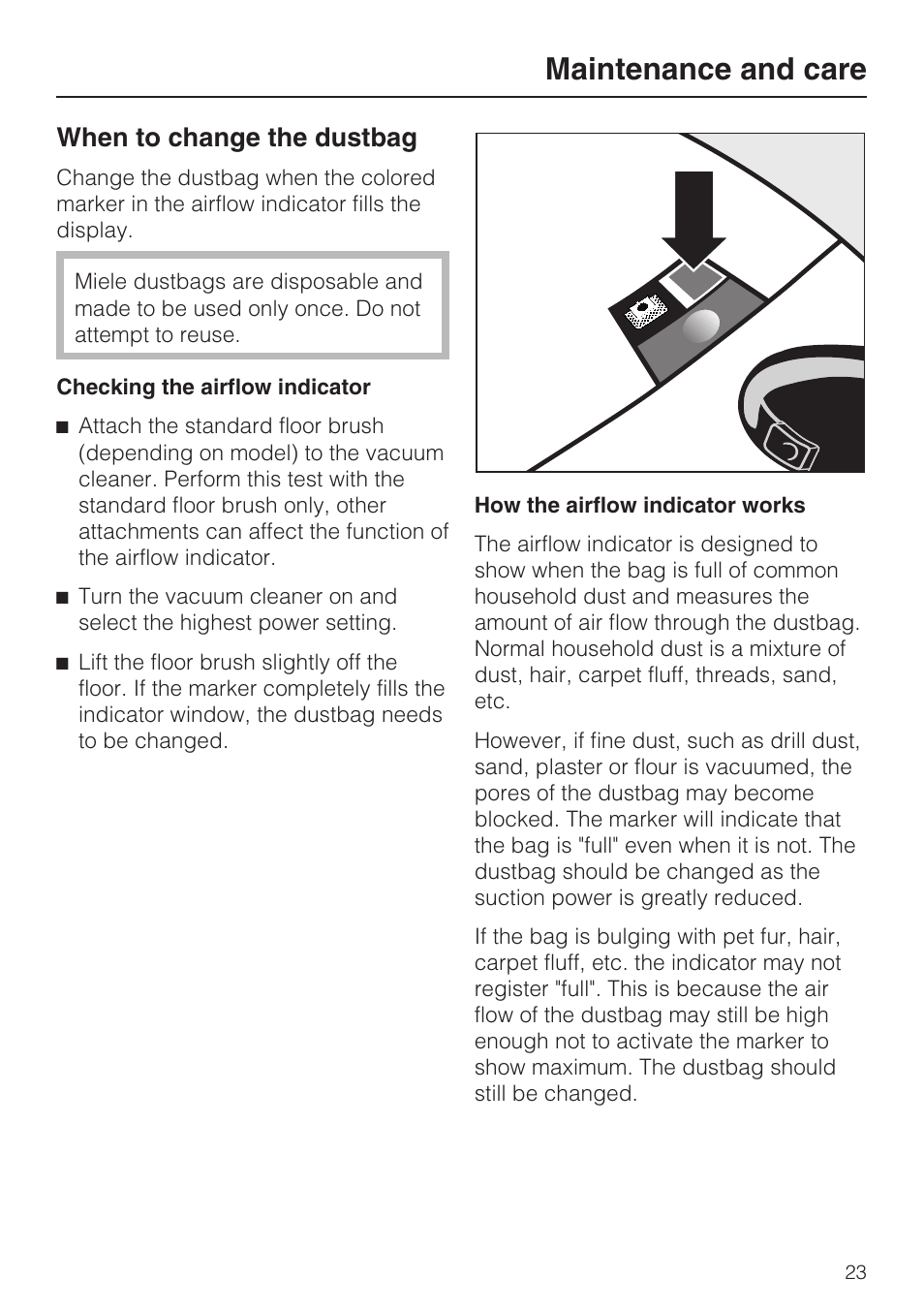 When to change the dustbag 23, Maintenance and care, When to change the dustbag | Miele S 700 User Manual | Page 23 / 44