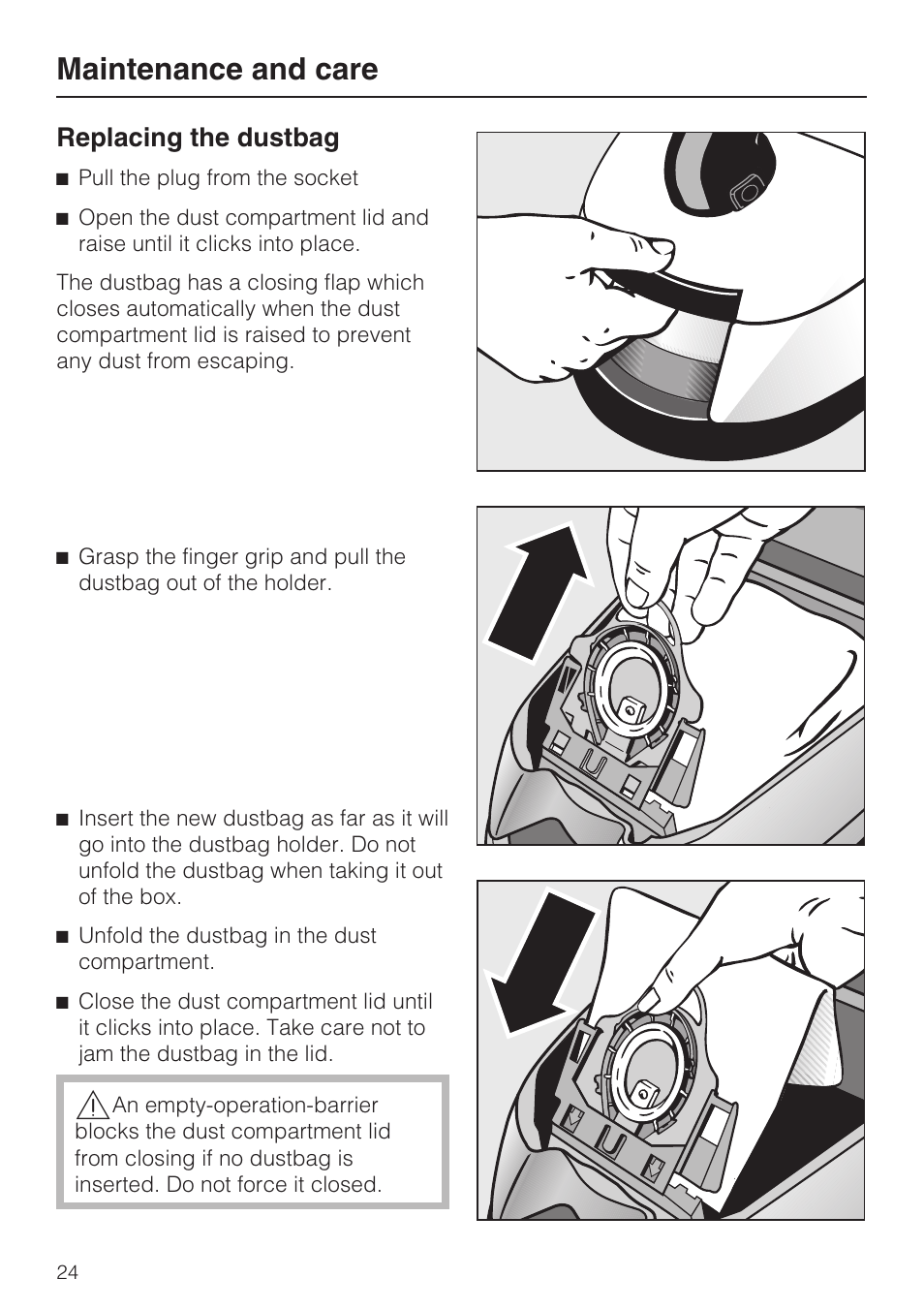 Replacing the dustbag 24, Maintenance and care, Replacing the dustbag | Miele S 700 User Manual | Page 24 / 44