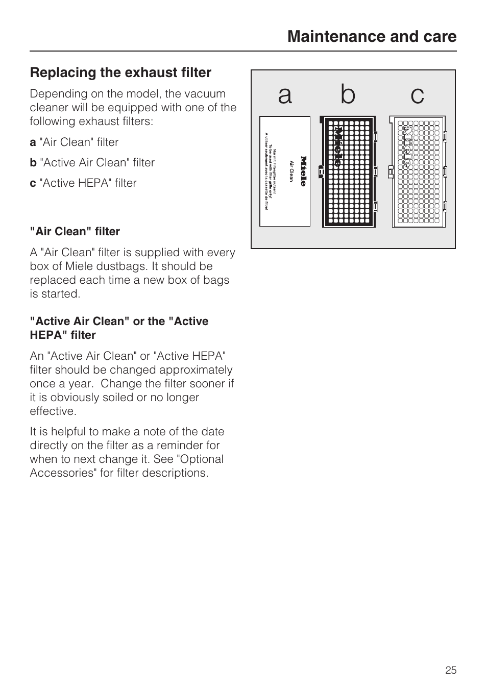 Replacing the exhaust filter 25, Maintenance and care, Replacing the exhaust filter | Miele S 700 User Manual | Page 25 / 44