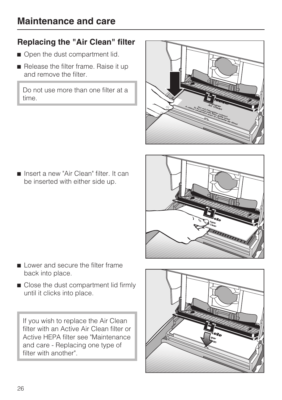 Replacing the "air clean" filter 26, Maintenance and care, Replacing the "air clean" filter | Miele S 700 User Manual | Page 26 / 44