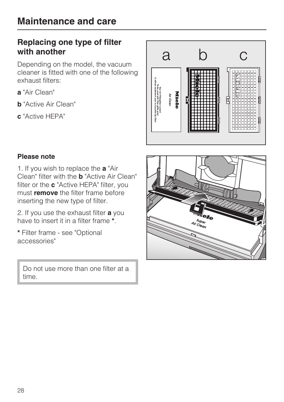 Replacing one type of filter with another 28, Maintenance and care, Replacing one type of filter with another | Miele S 700 User Manual | Page 28 / 44