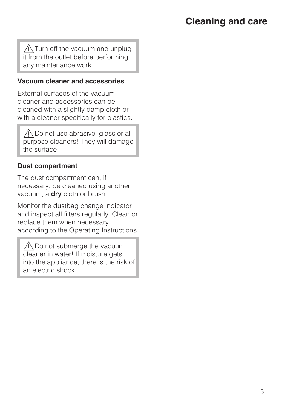 Cleaning and care 31, Cleaning and care | Miele S 700 User Manual | Page 31 / 44