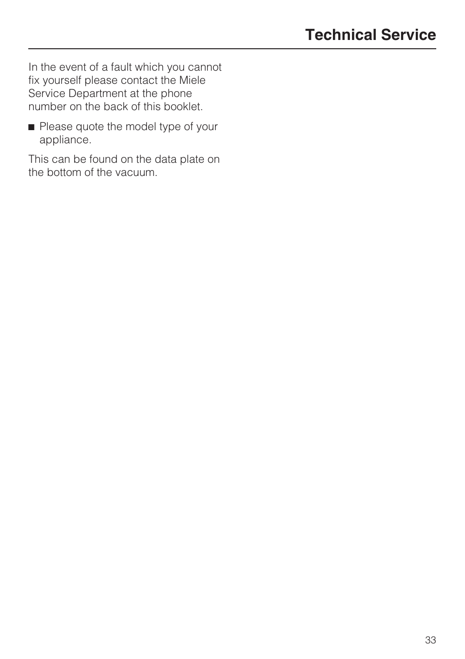 Technical service 33, Technical service | Miele S 700 User Manual | Page 33 / 44