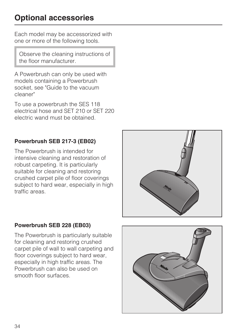 Optional accessories 34, Optional accessories | Miele S 700 User Manual | Page 34 / 44