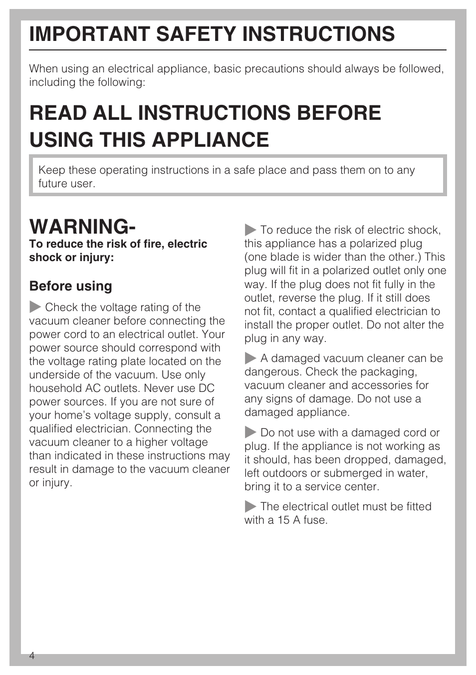 Important safety instructions 4, Read all instructions before using this appliance, Warning | Important safety instructions | Miele S 700 User Manual | Page 4 / 44
