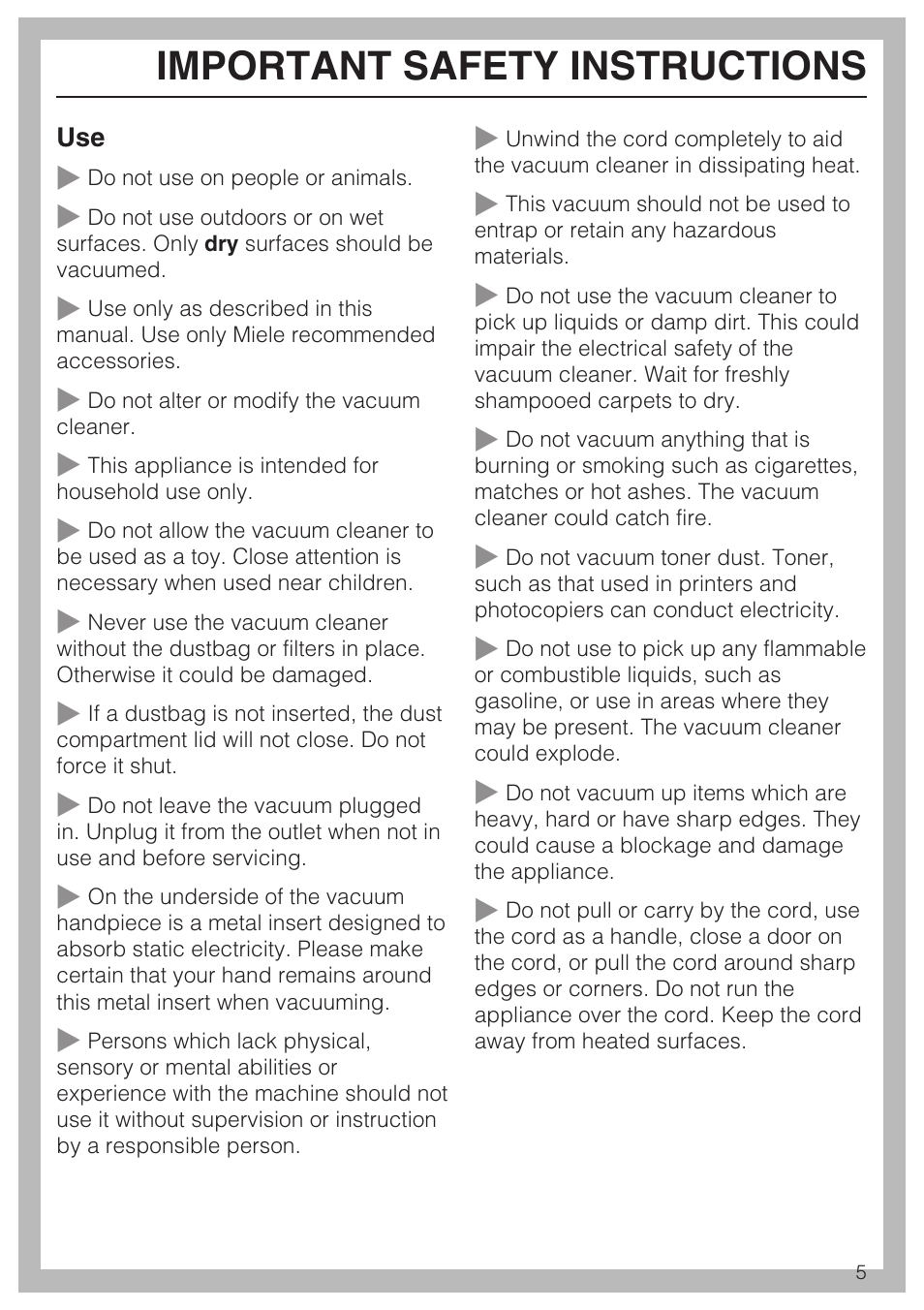 Important safety instructions | Miele S 700 User Manual | Page 5 / 44