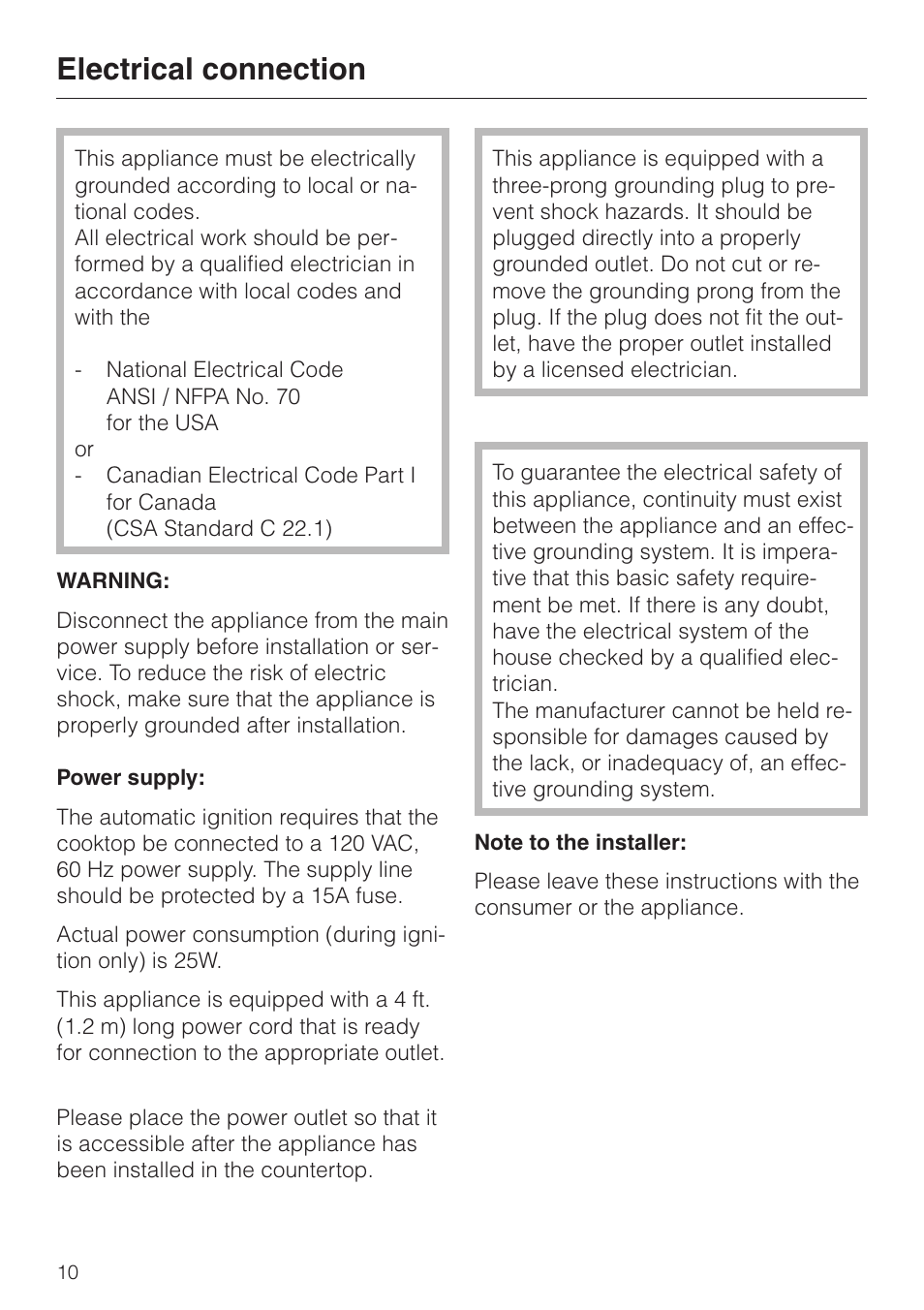 Electrical connection 10, Electrical connection | Miele KM 344 User Manual | Page 10 / 24