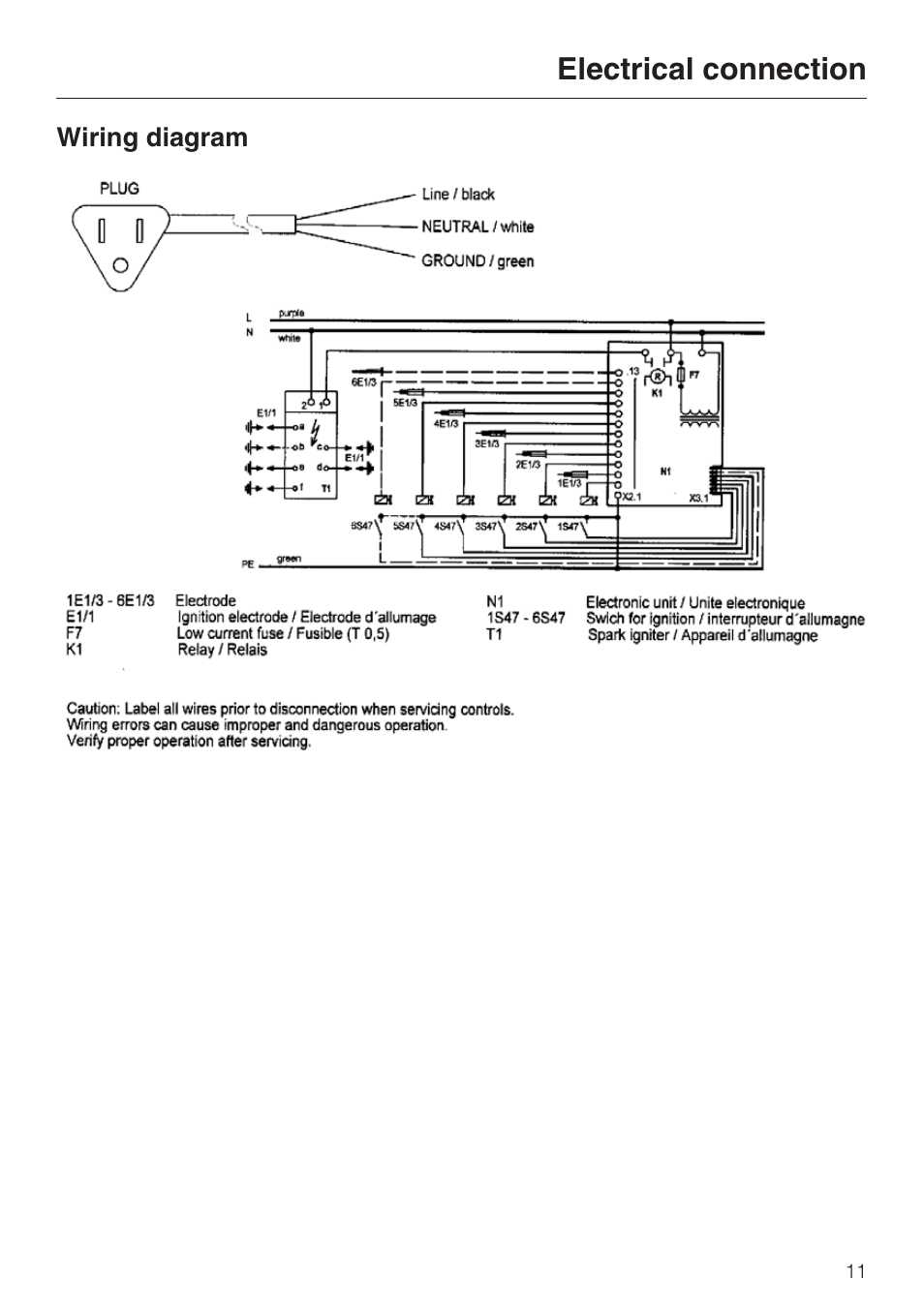 Wiring diagram 11, Wiring diagram, Electrical connection | Miele KM 344 User Manual | Page 11 / 24