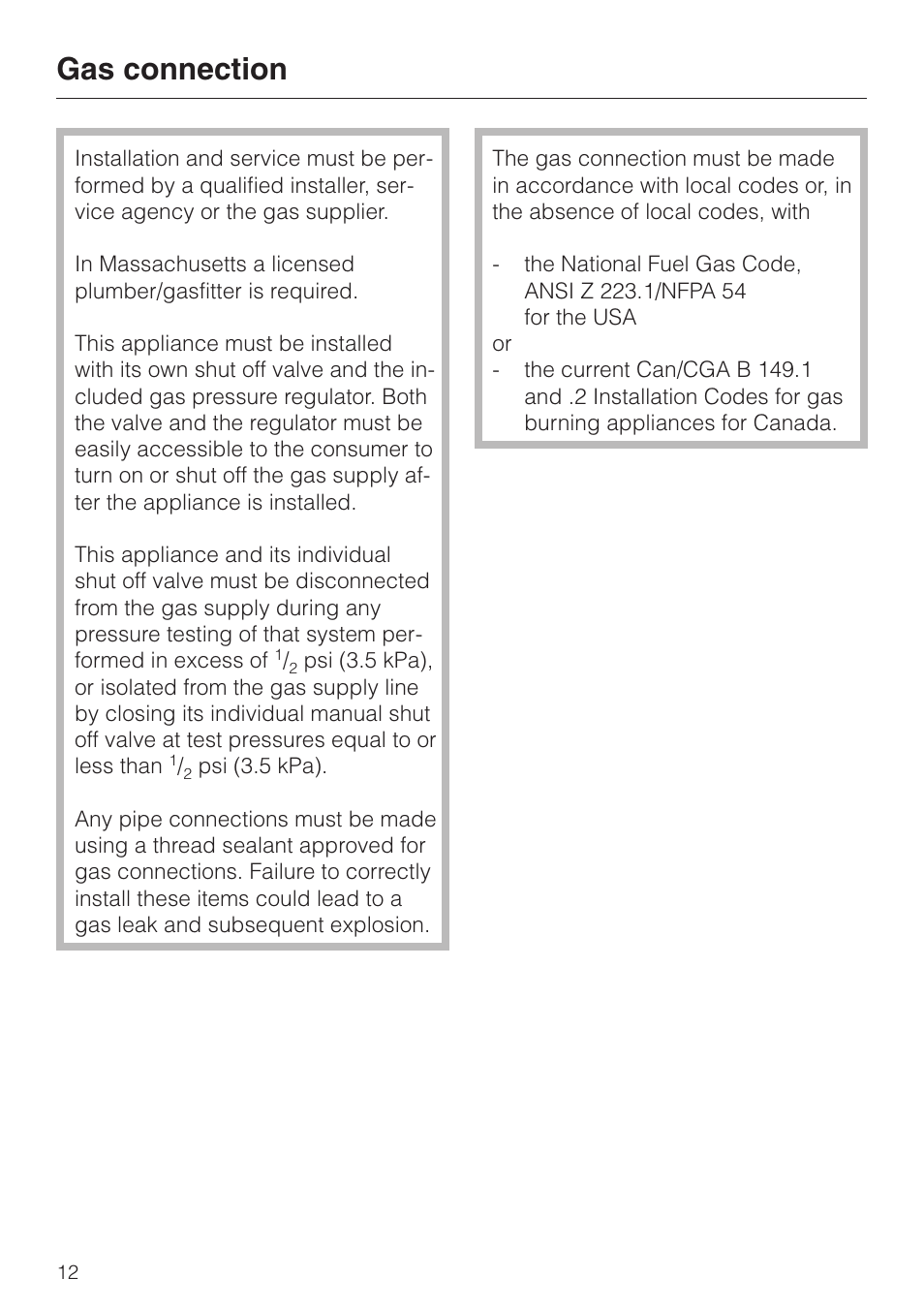 Gas connection 12, Gas connection | Miele KM 344 User Manual | Page 12 / 24
