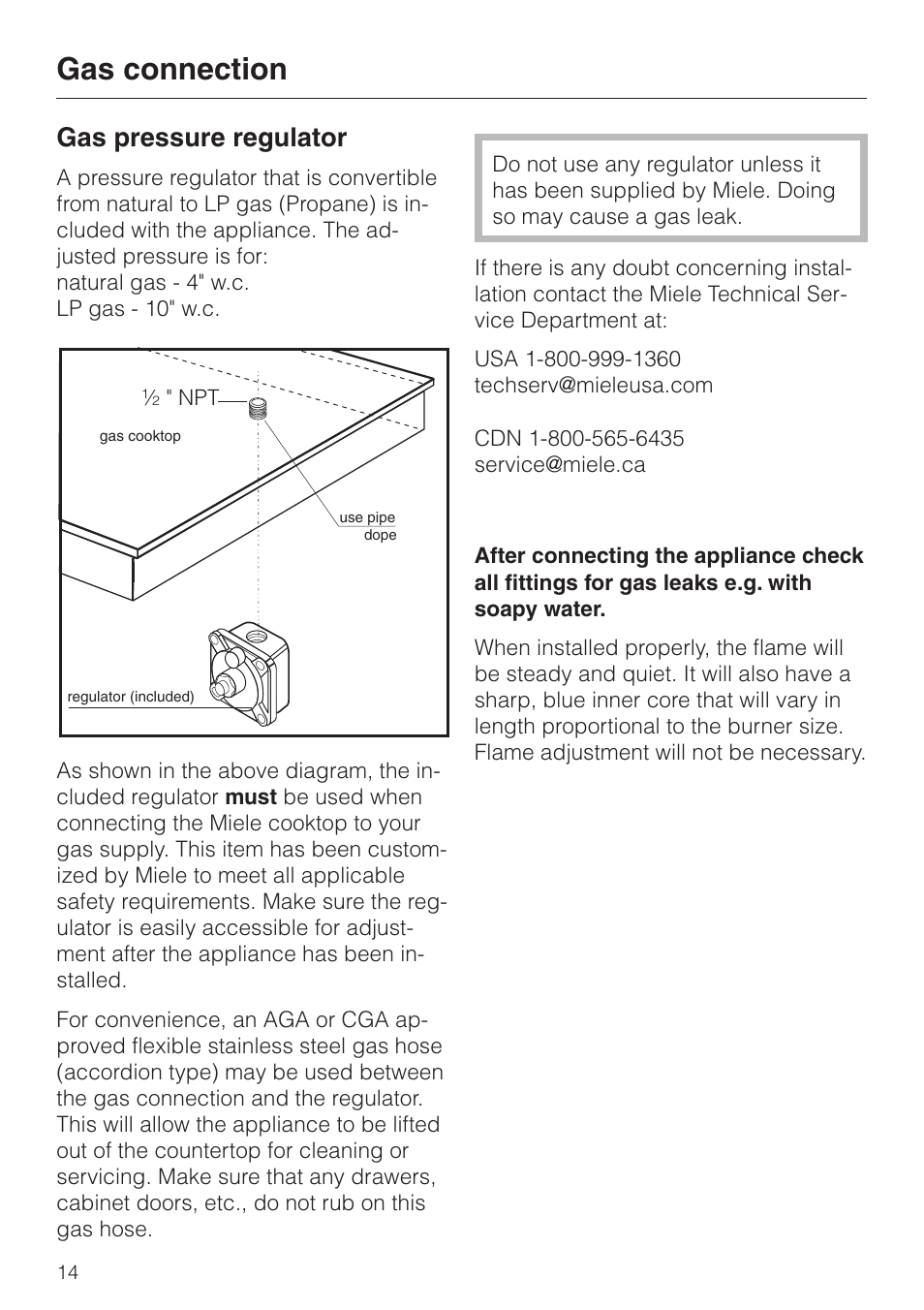 Gas pressure regulator 14, Gas pressure regulator, Gas connection | Miele KM 344 User Manual | Page 14 / 24
