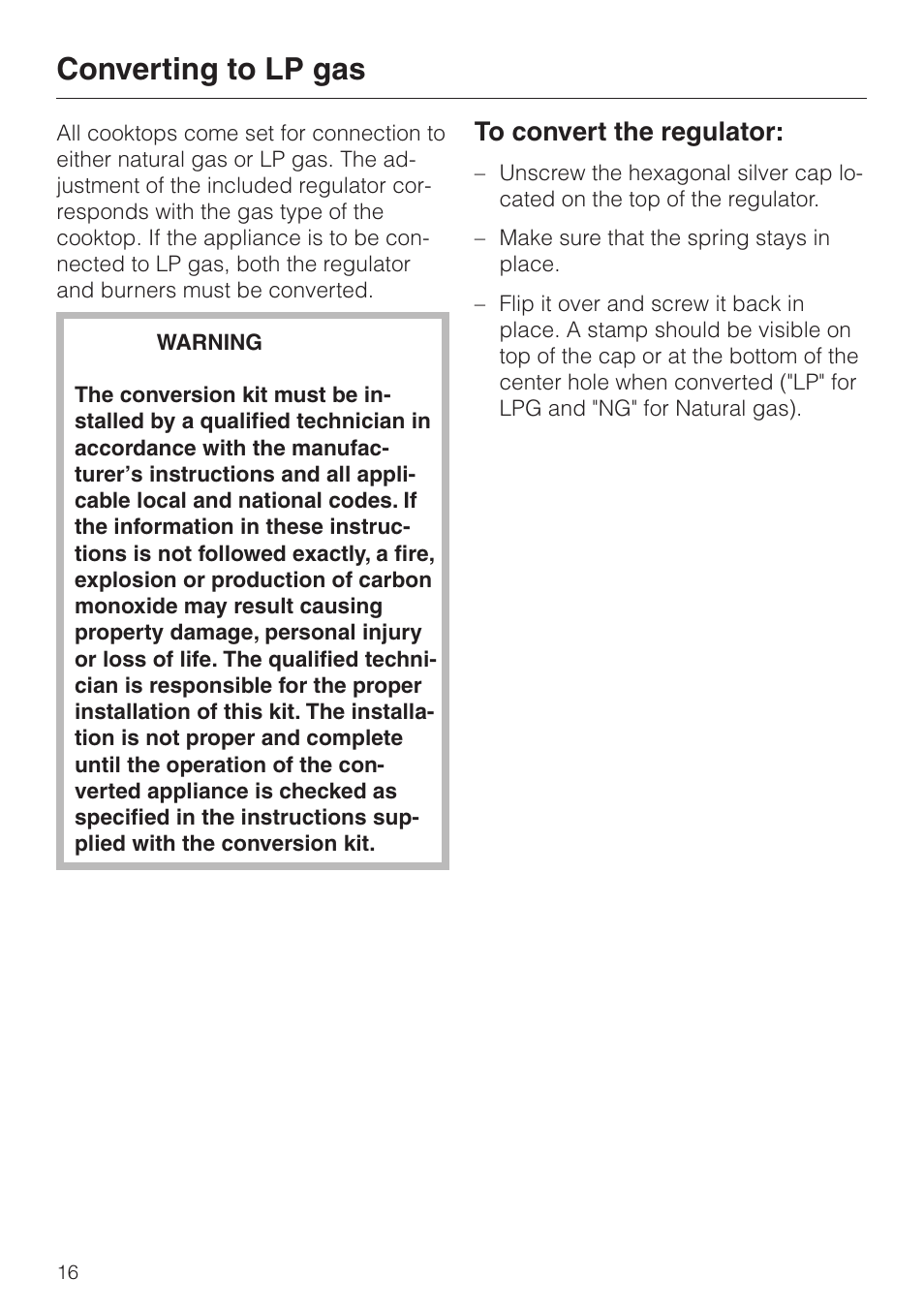 Converting to lp gas 16, To convert the regulator: 16, Converting to lp gas | To convert the regulator | Miele KM 344 User Manual | Page 16 / 24