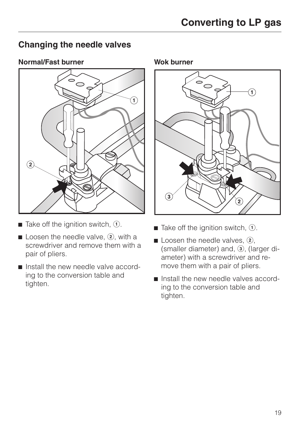 Changing the needle valves 19, Changing the needle valves, Converting to lp gas | Miele KM 344 User Manual | Page 19 / 24