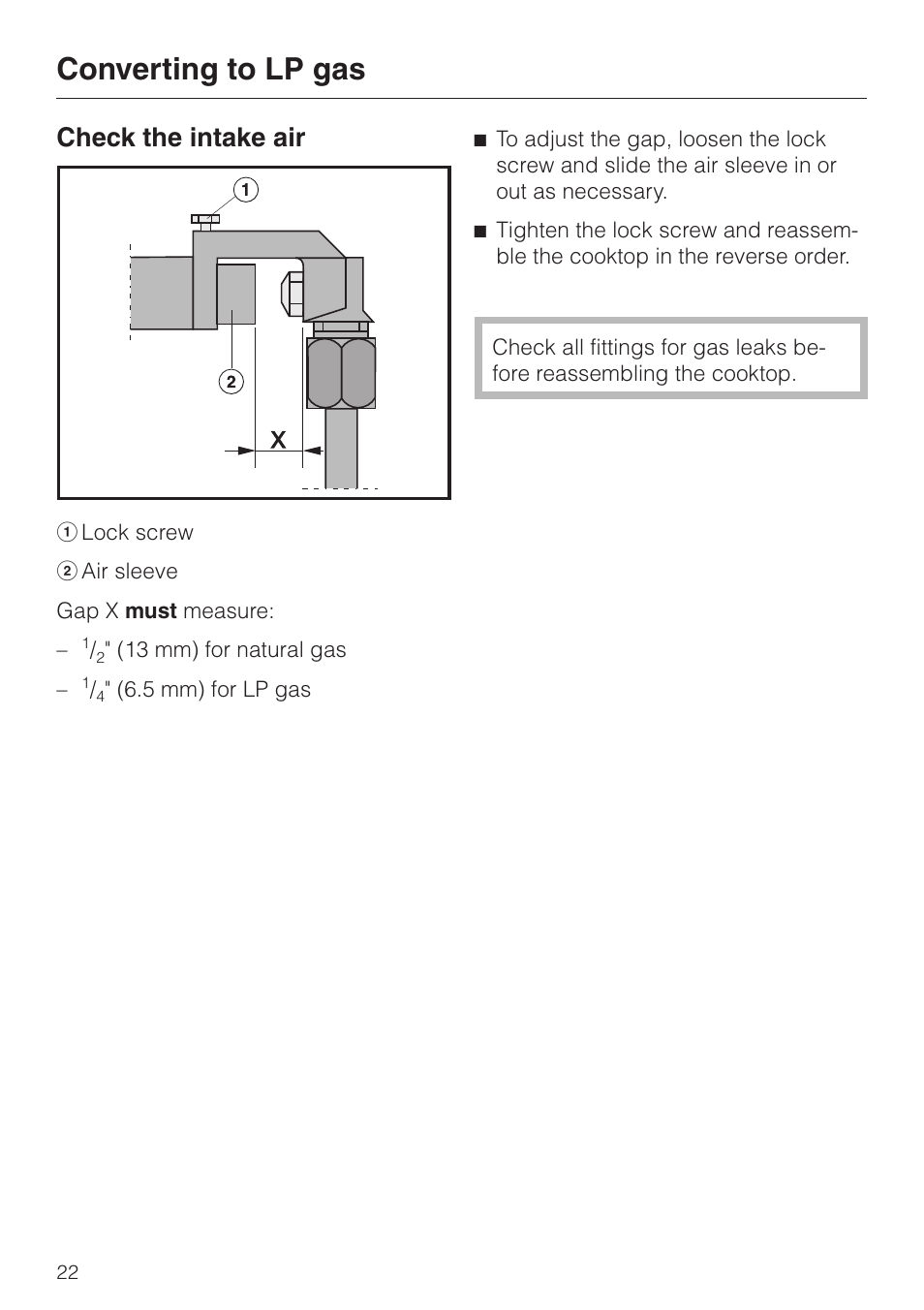 Check the intake air 22, Check the intake air, Converting to lp gas | Miele KM 344 User Manual | Page 22 / 24