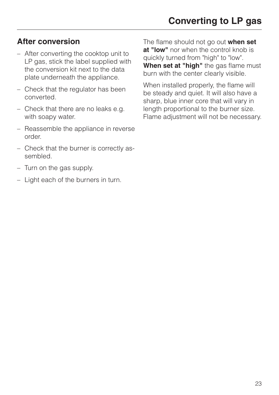 After conversion 23, After conversion, Converting to lp gas | Miele KM 344 User Manual | Page 23 / 24