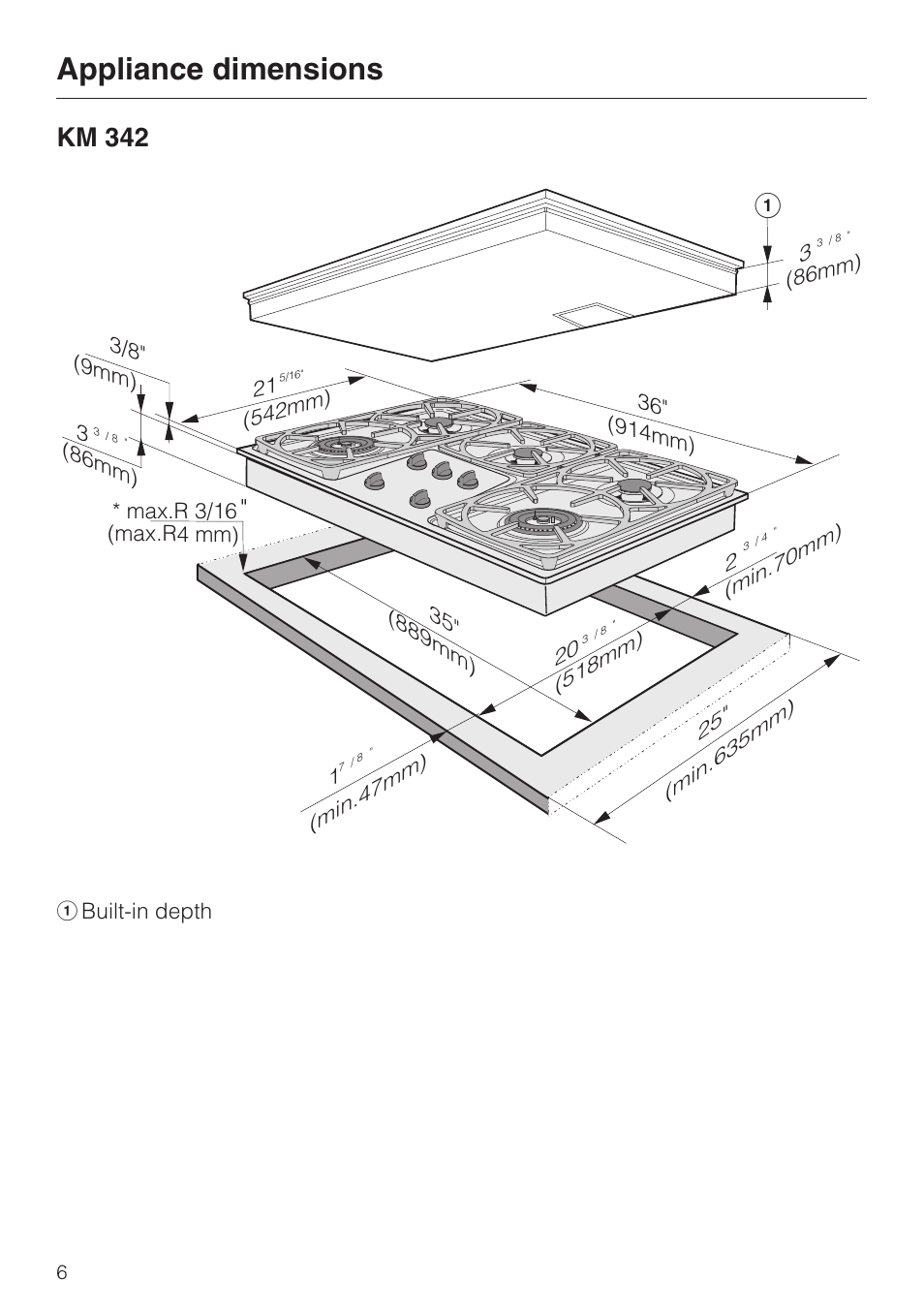 Appliance dimensions 6, Appliance dimensions, Km 342 | Miele KM 344 User Manual | Page 6 / 24