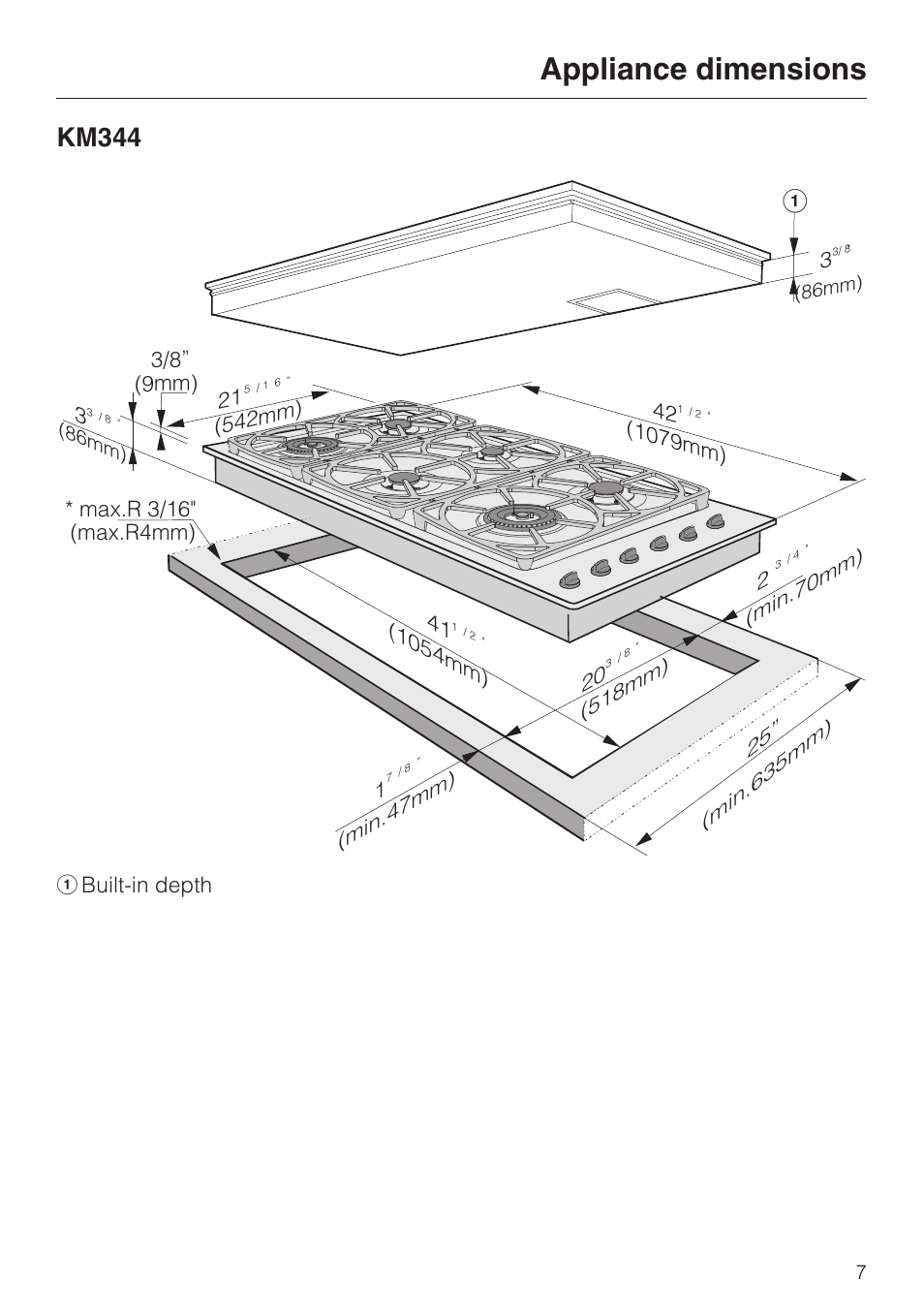 Appliance dimensions, Km344 | Miele KM 344 User Manual | Page 7 / 24