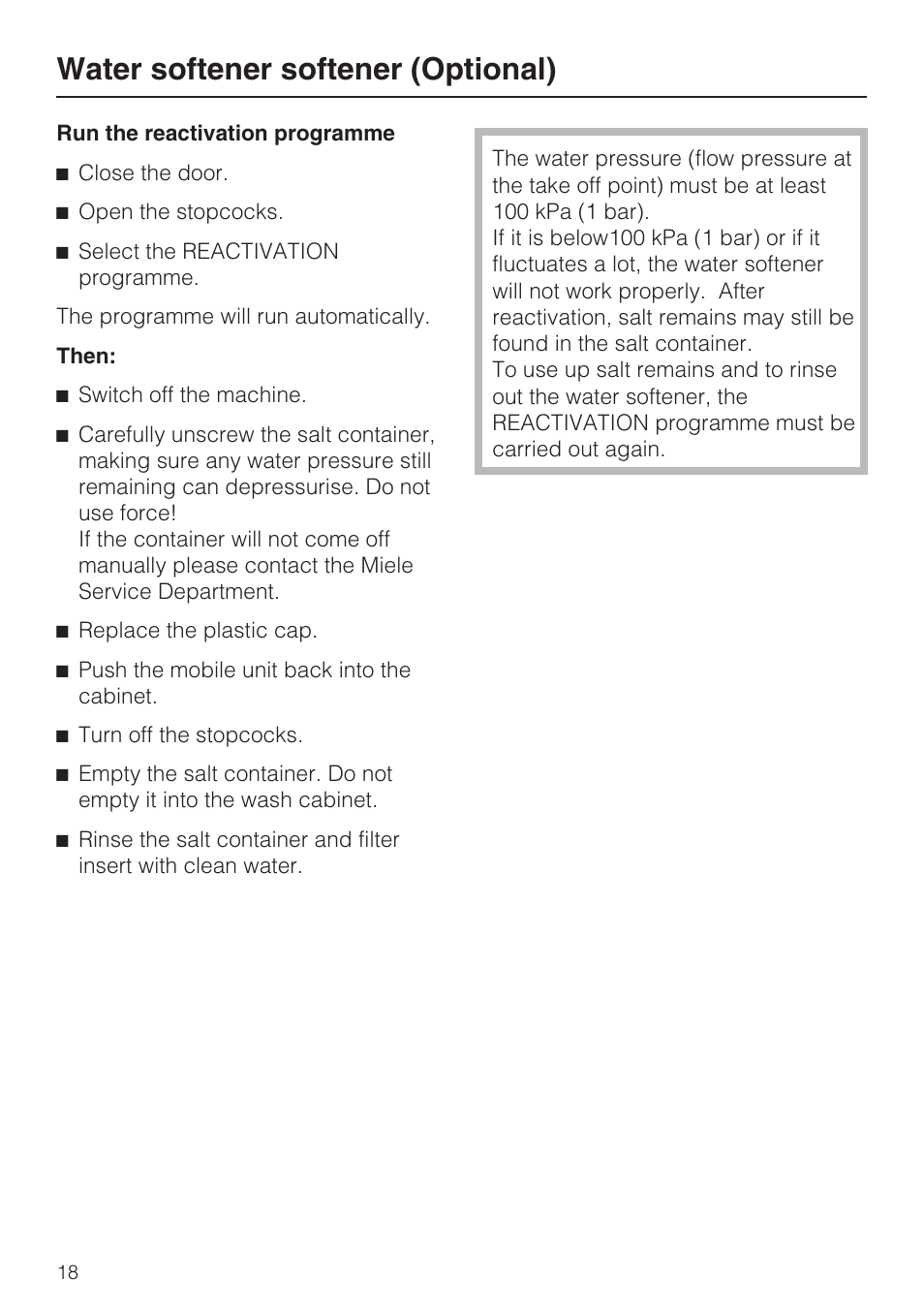 Run the reactivation programme 18, Water softener softener (optional) | Miele G 7823 User Manual | Page 18 / 68