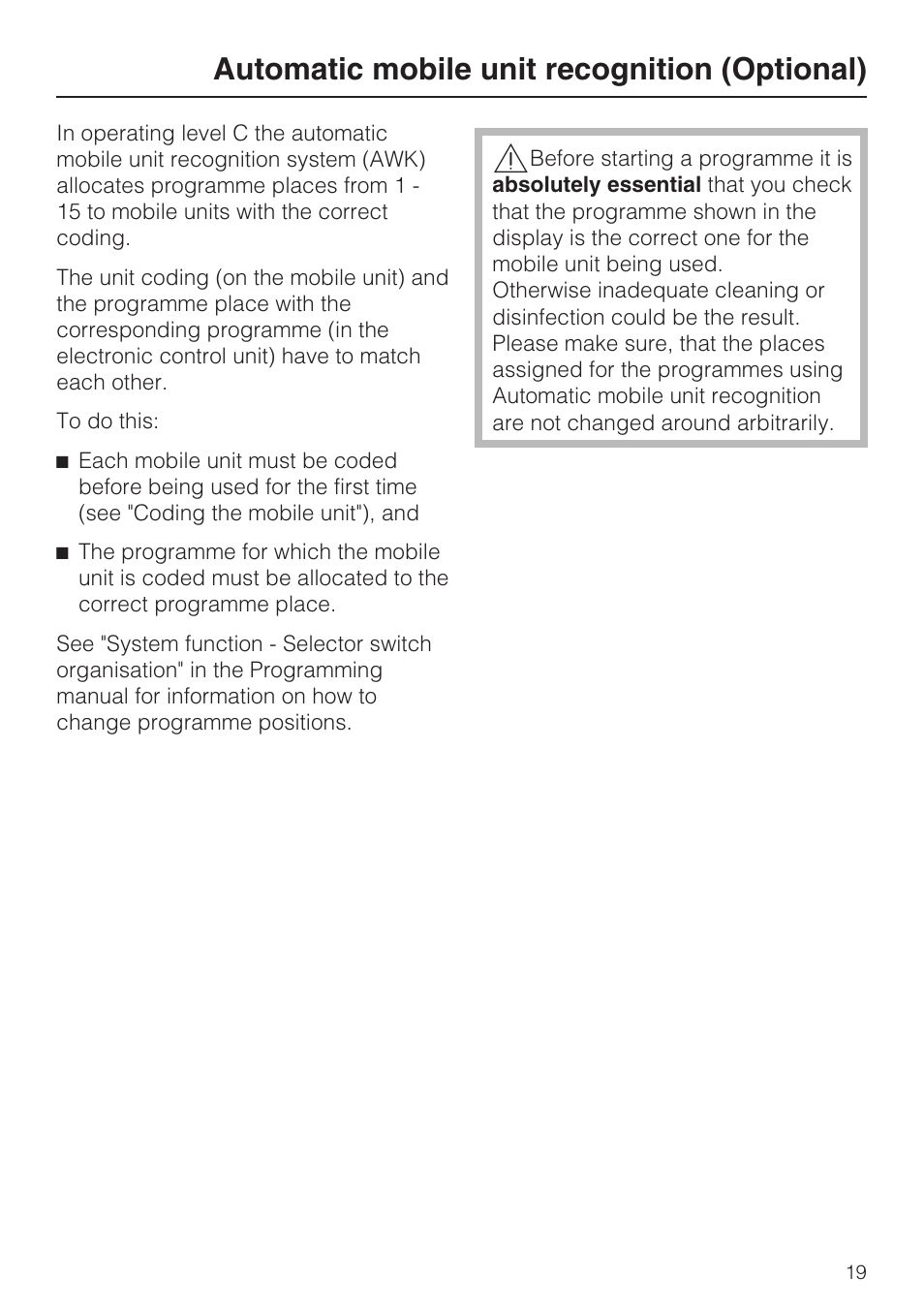 Automatic mobile unit recognition (optional) 19, Automatic mobile unit recognition (optional) | Miele G 7823 User Manual | Page 19 / 68