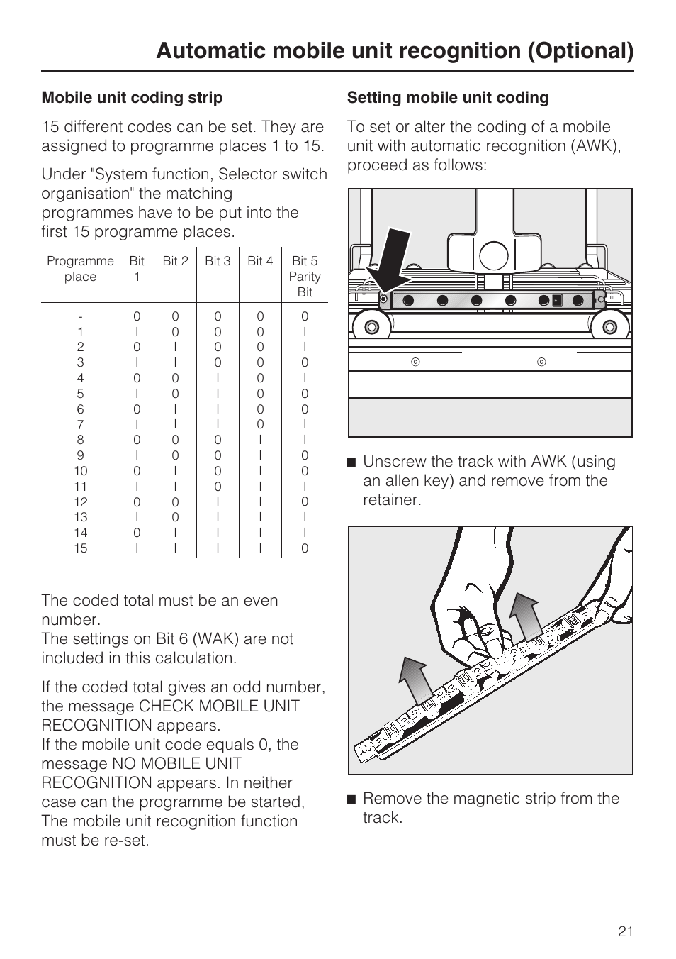 Setting mobile unit coding 21, Automatic mobile unit recognition (optional) | Miele G 7823 User Manual | Page 21 / 68