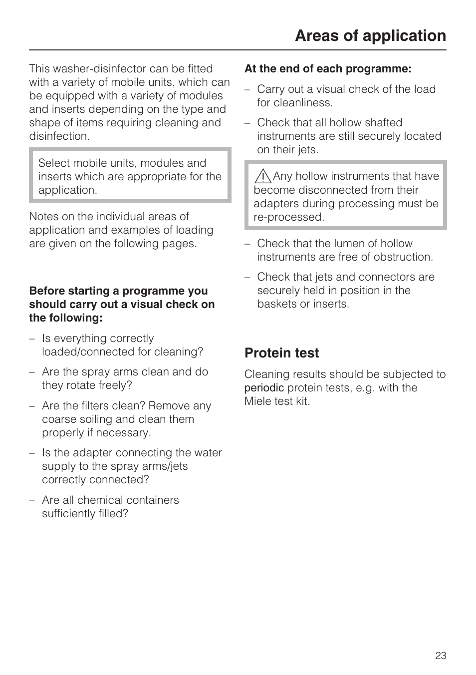 Areas of application 23, Protein test 23, Areas of application | Protein test | Miele G 7823 User Manual | Page 23 / 68