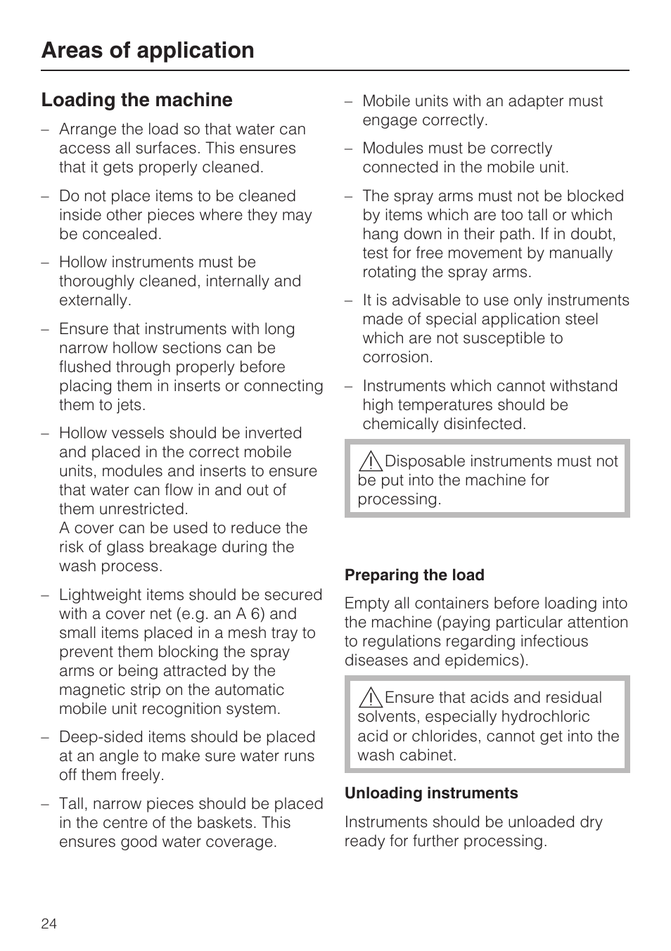 Loading the machine 24, Areas of application, Loading the machine | Miele G 7823 User Manual | Page 24 / 68