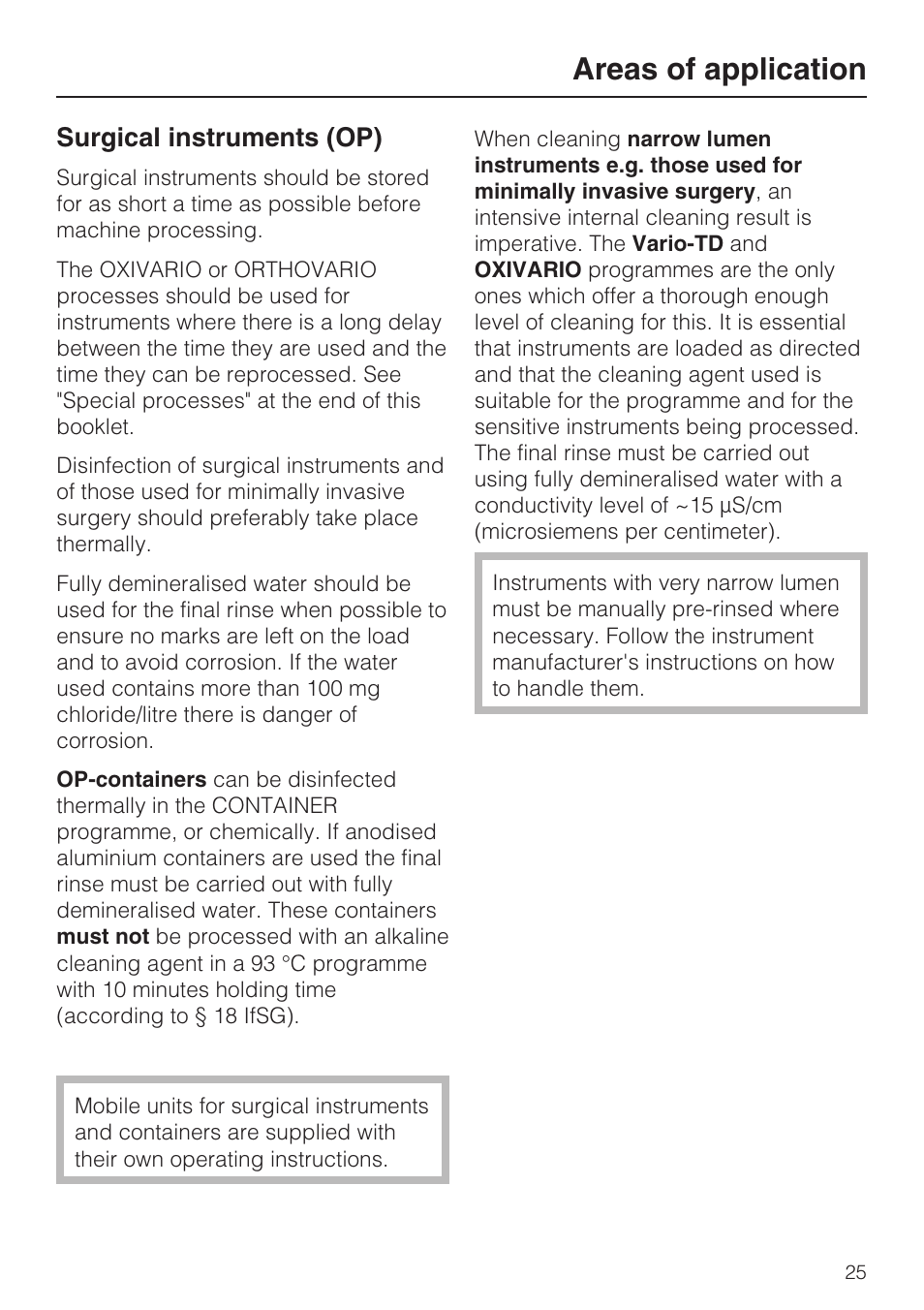 Surgical instruments (op) 25, Areas of application, Surgical instruments (op) | Miele G 7823 User Manual | Page 25 / 68