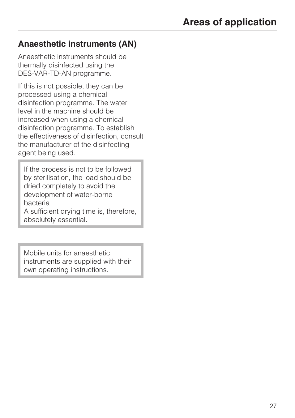 Anaesthetic instruments (an) 27, Areas of application | Miele G 7823 User Manual | Page 27 / 68