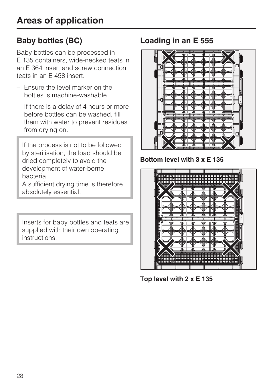 Baby bottles (bc) 28, Areas of application, Baby bottles (bc) | Loading in an e 555 | Miele G 7823 User Manual | Page 28 / 68