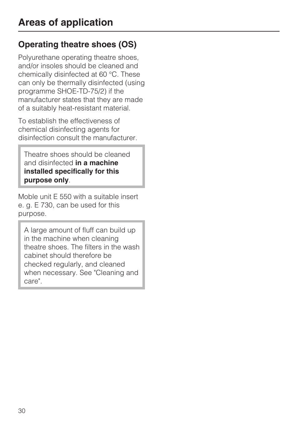 Operating theatre shoes (os) 30, Areas of application, Operating theatre shoes (os) | Miele G 7823 User Manual | Page 30 / 68