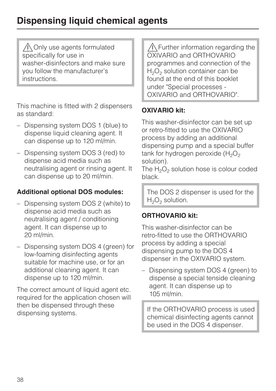 Dispensing liquid chemical agents 38, Dispensing liquid chemical agents | Miele G 7823 User Manual | Page 38 / 68