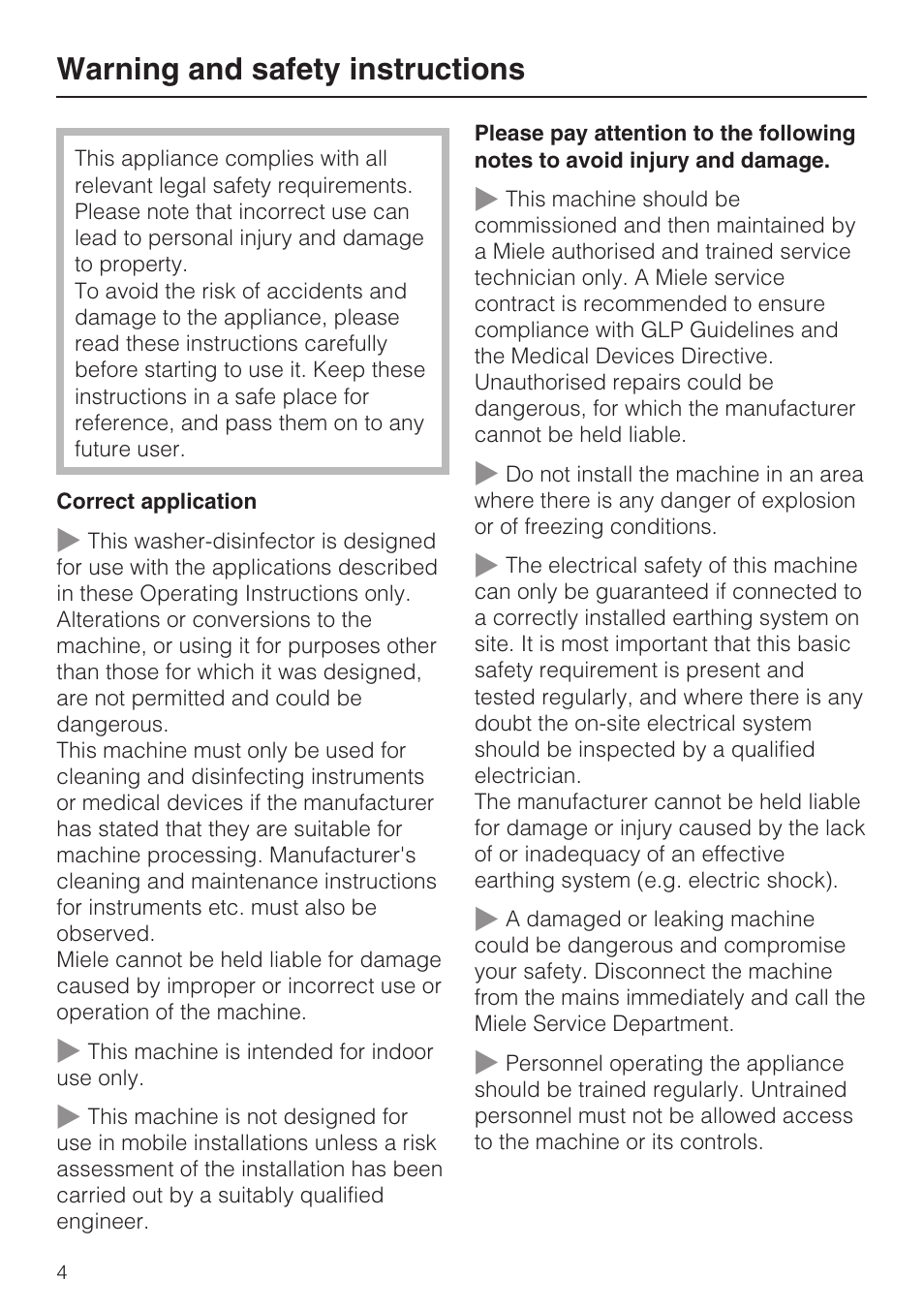 Warning and safety instructions 4, Warning and safety instructions | Miele G 7823 User Manual | Page 4 / 68