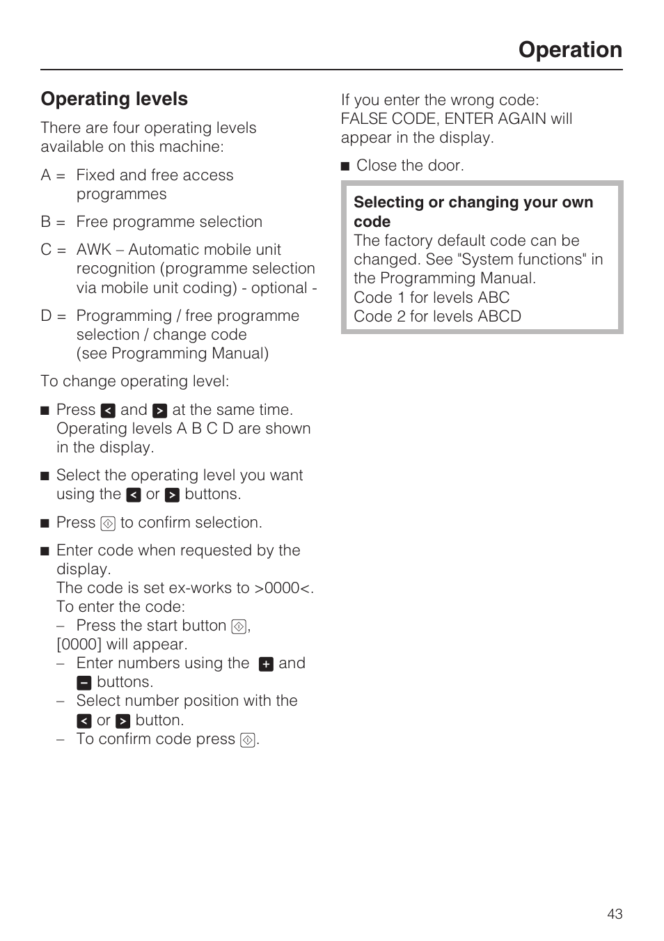 Operating levels 43, Operation, Operating levels | Miele G 7823 User Manual | Page 43 / 68