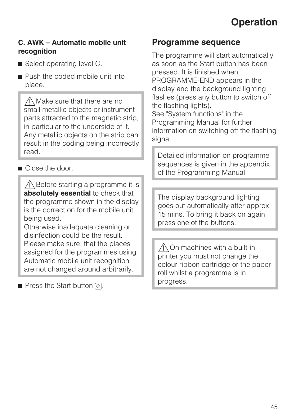 Programme sequence 45, Operation | Miele G 7823 User Manual | Page 45 / 68