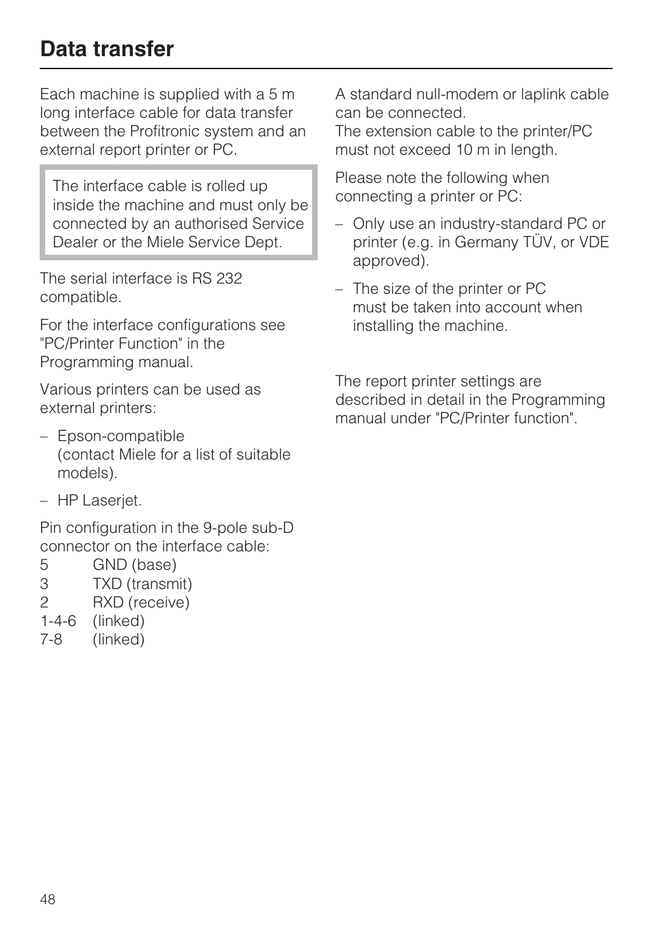 Data transfer 48, Data transfer | Miele G 7823 User Manual | Page 48 / 68