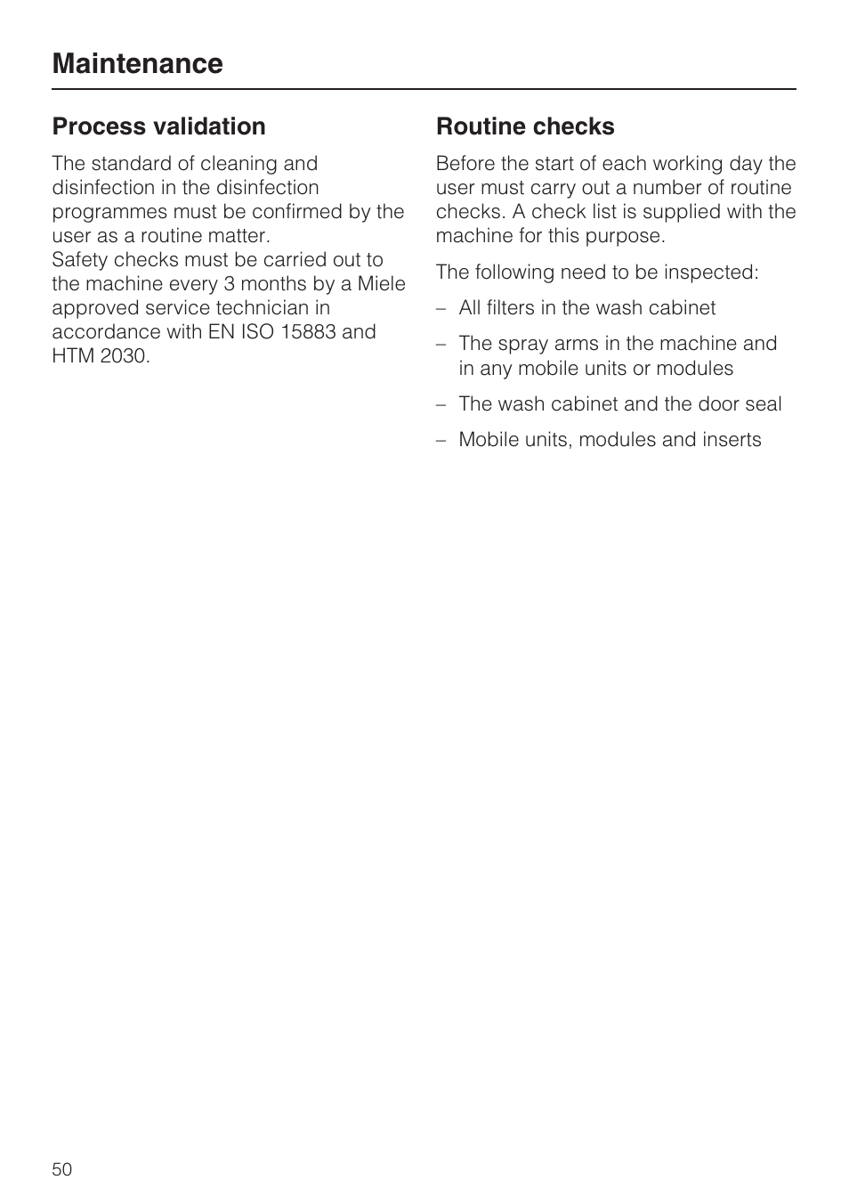 Process validation 50, Routine checks 50, Maintenance | Process validation, Routine checks | Miele G 7823 User Manual | Page 50 / 68