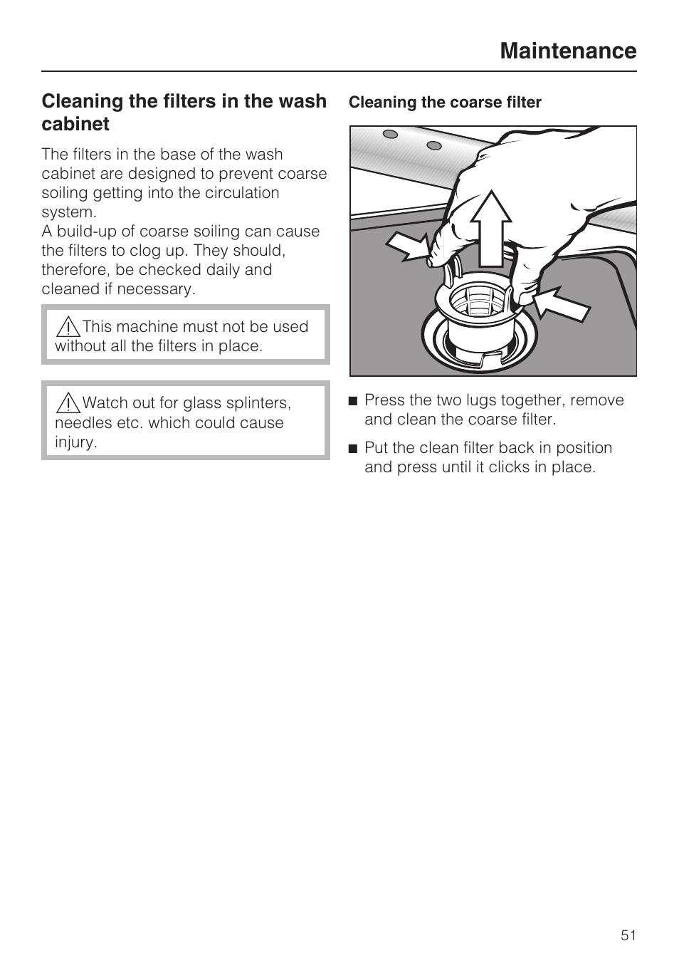 Cleaning the filters in the wash cabinet 51, Cleaning the coarse filter 51, Maintenance | Miele G 7823 User Manual | Page 51 / 68