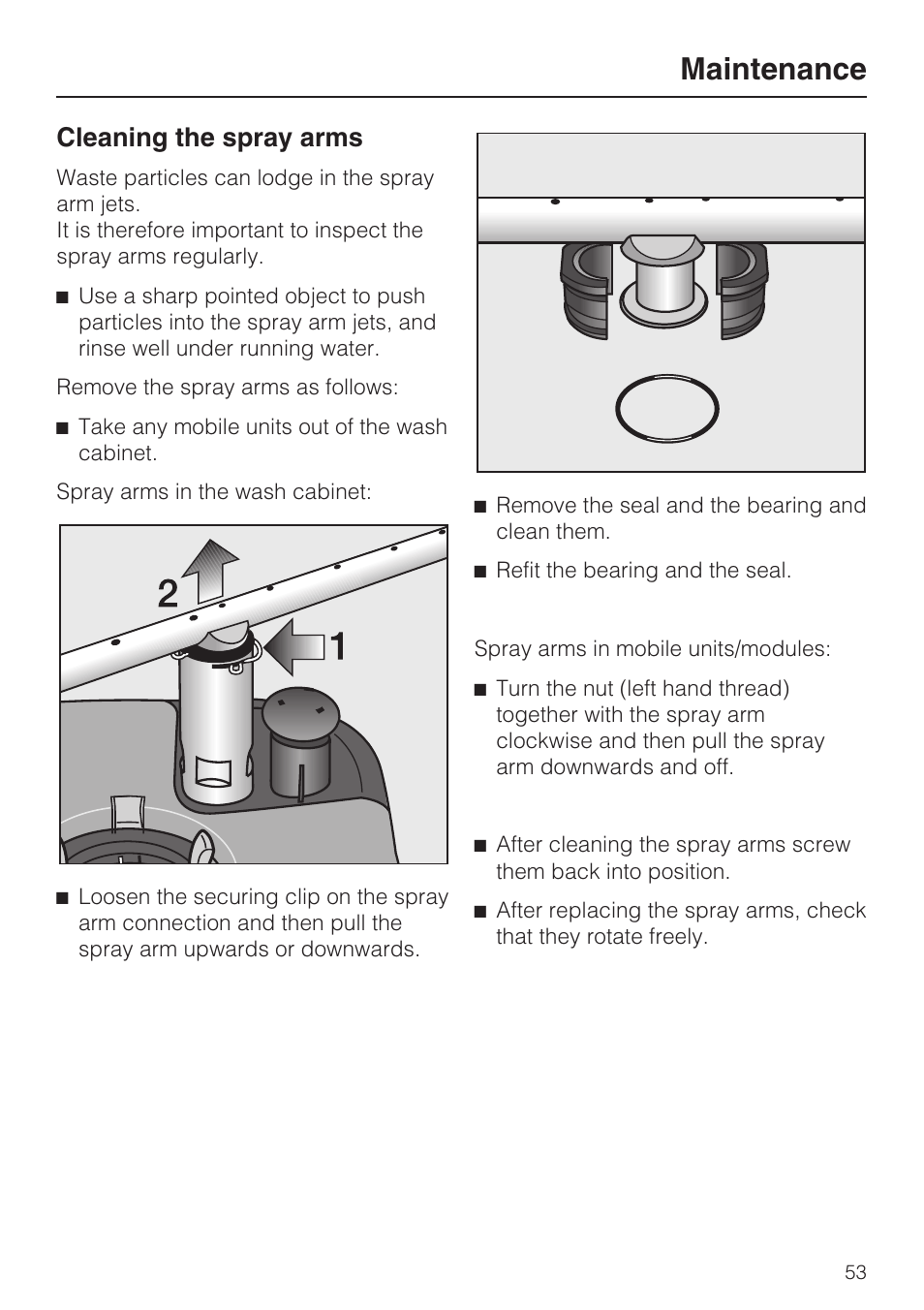 Cleaning the spray arms 53, Maintenance, Cleaning the spray arms | Miele G 7823 User Manual | Page 53 / 68