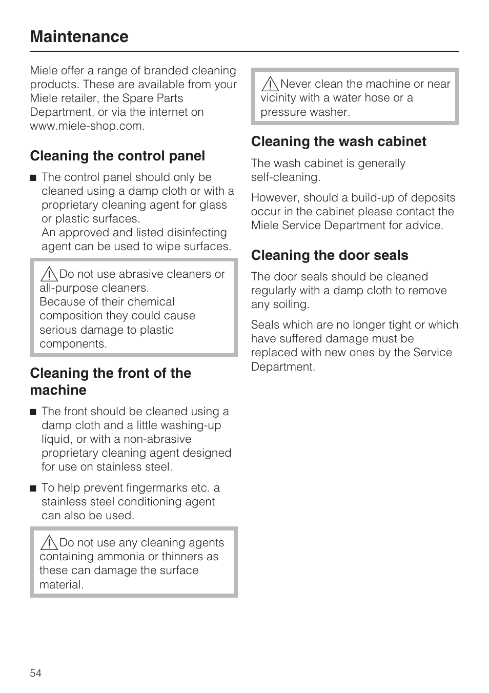 Cleaning the control panel 54, Cleaning the front of the machine 54, Cleaning the wash cabinet 54 | Cleaning the door seals 54, Maintenance | Miele G 7823 User Manual | Page 54 / 68