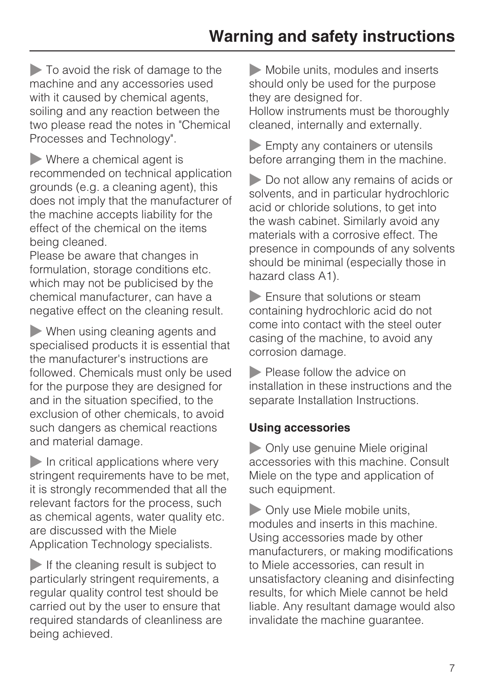 Warning and safety instructions | Miele G 7823 User Manual | Page 7 / 68