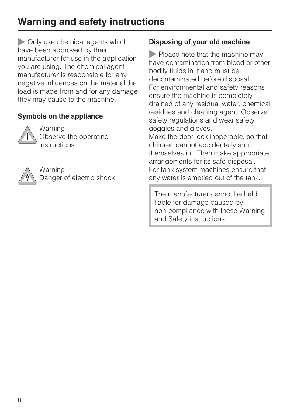 Symbols on the appliance 8, Warning and safety instructions | Miele G 7823 User Manual | Page 8 / 68