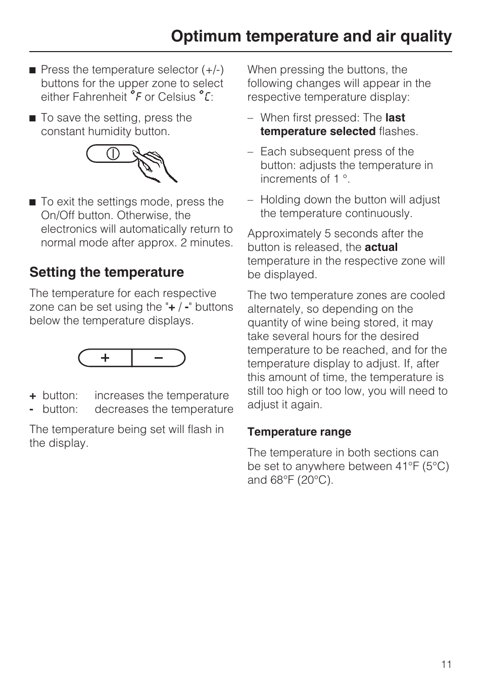 Setting the temperature 11, Optimum temperature and air quality, Setting the temperature | Miele KWT4154UG1 User Manual | Page 11 / 36
