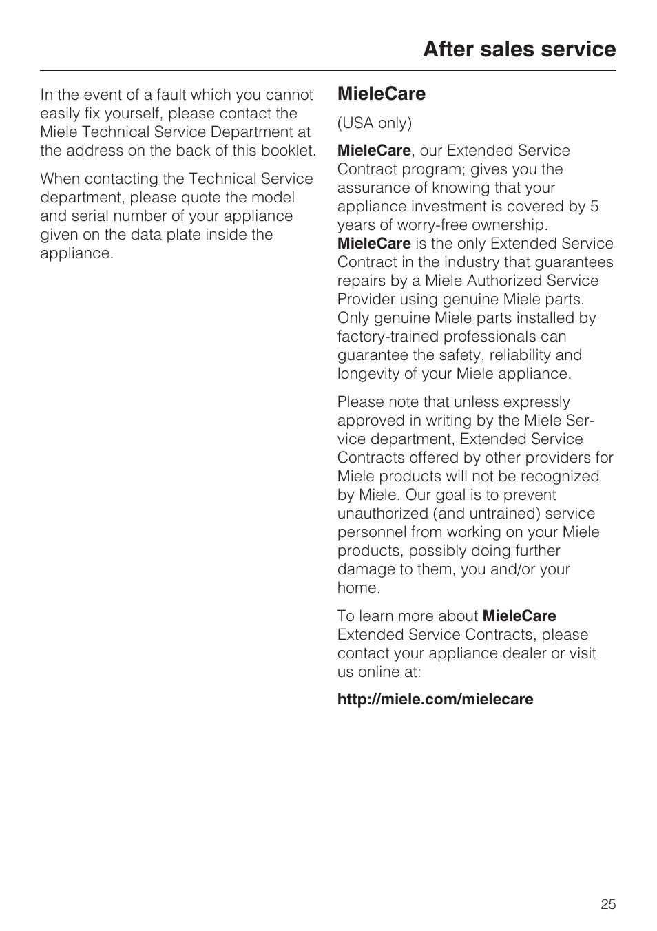 After sales service 25, After sales service, Mielecare | Miele KWT4154UG1 User Manual | Page 25 / 36