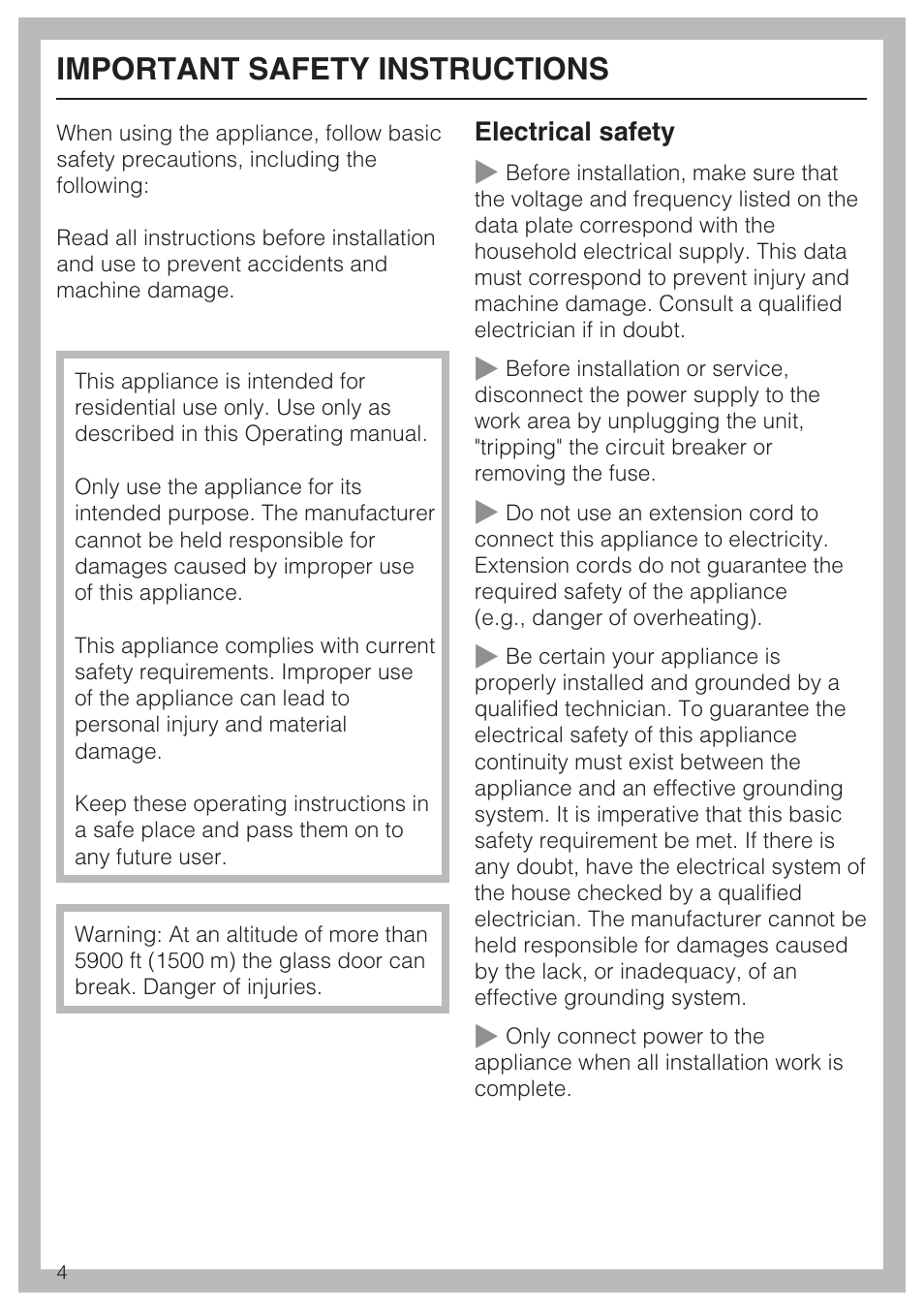 Important safety instructions 4, Important safety instructions | Miele KWT4154UG1 User Manual | Page 4 / 36