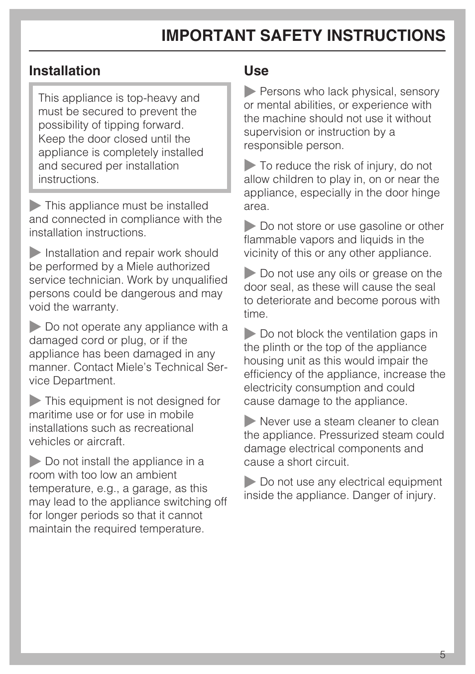 Important safety instructions | Miele KWT4154UG1 User Manual | Page 5 / 36