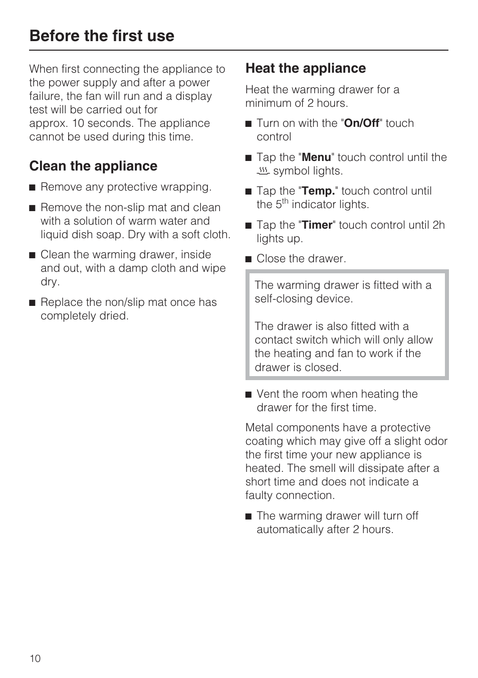 Before the first use 10, Before the first use, Clean the appliance | Heat the appliance | Miele ESW 408X-14 User Manual | Page 10 / 44