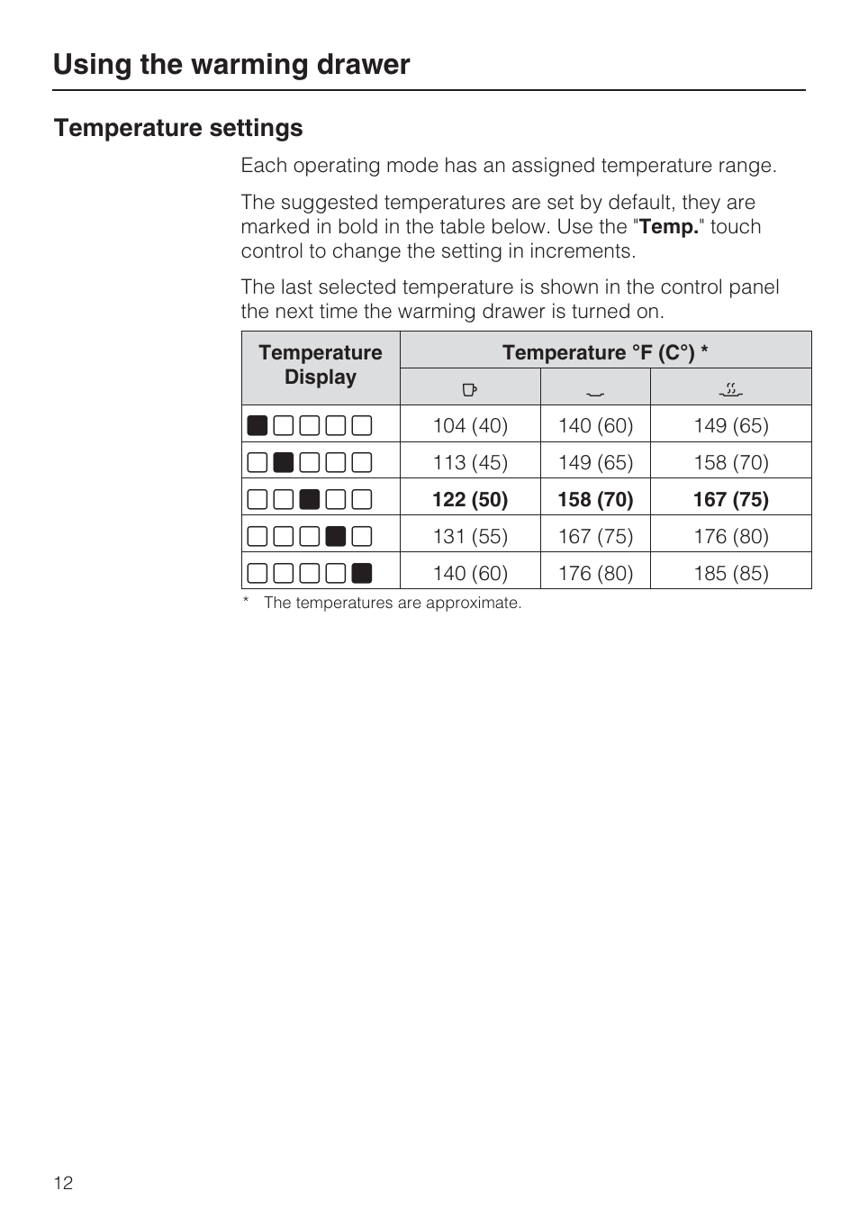 Temperature settings 12, Using the warming drawer, Temperature settings | Miele ESW 408X-14 User Manual | Page 12 / 44