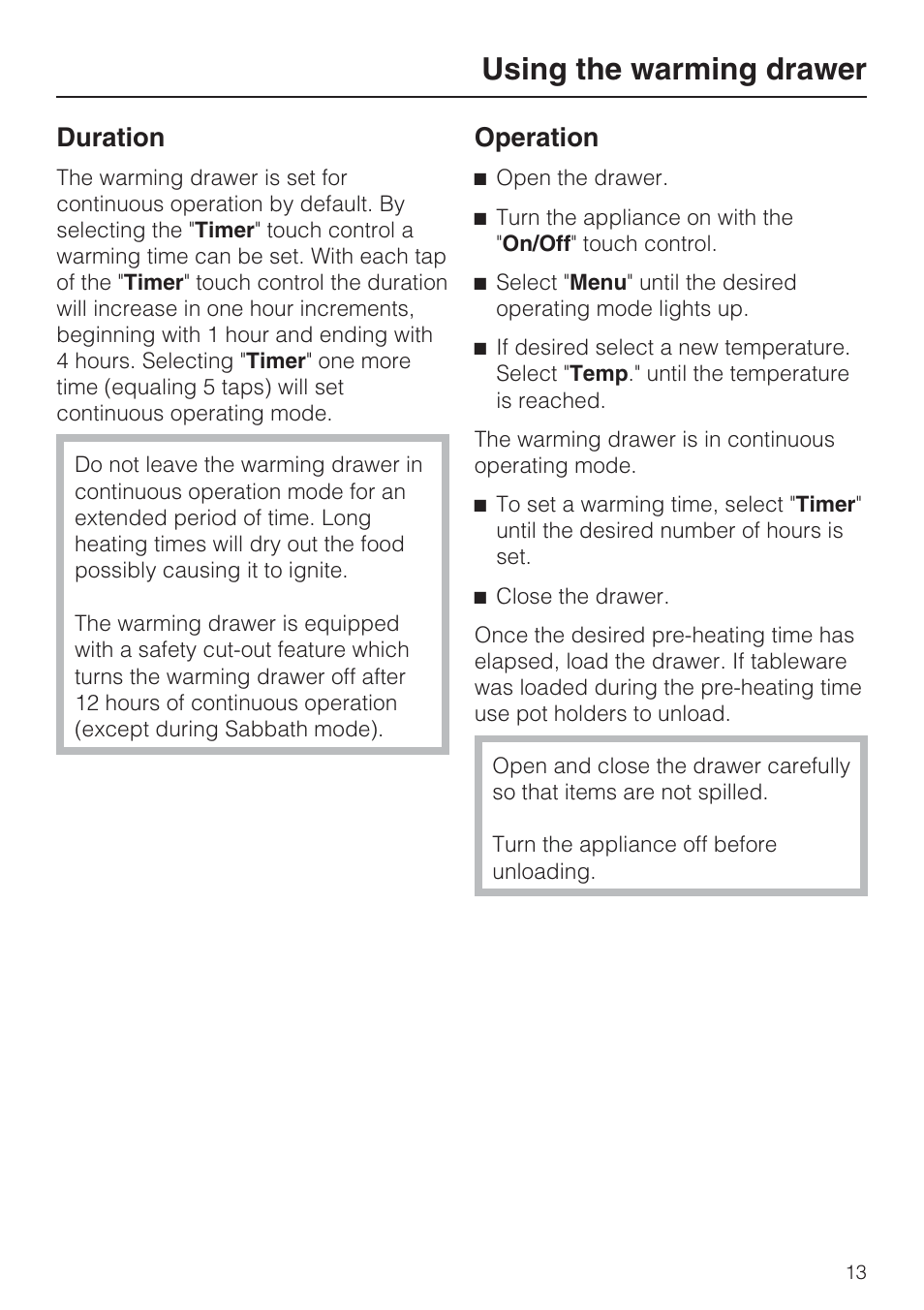 Duration 13, Using the warming drawer, Duration | Operation | Miele ESW 408X-14 User Manual | Page 13 / 44