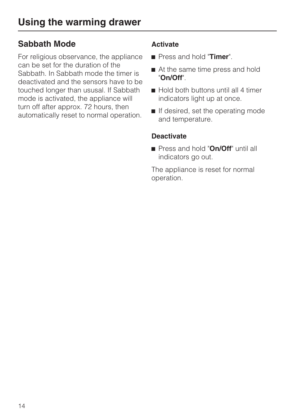 Sabbath mode 14, Using the warming drawer, Sabbath mode | Miele ESW 408X-14 User Manual | Page 14 / 44