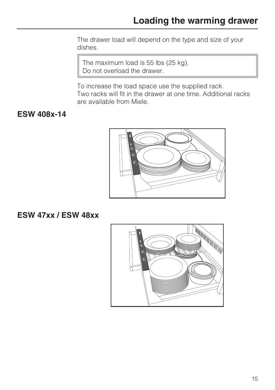 Loading the warming drawer 15, Loading the warming drawer | Miele ESW 408X-14 User Manual | Page 15 / 44