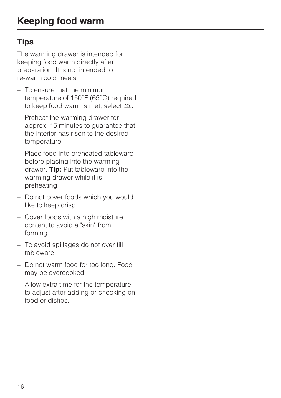 Keeping food warm 16, Keeping food warm, Tips | Miele ESW 408X-14 User Manual | Page 16 / 44